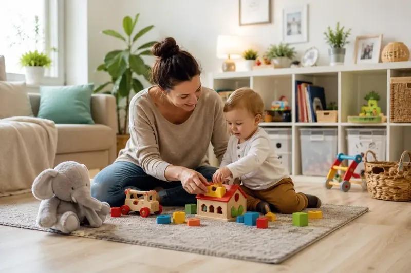 Assistante maternelle jouant avec des cubes colorés avec un bébé dans un salon chaleureux