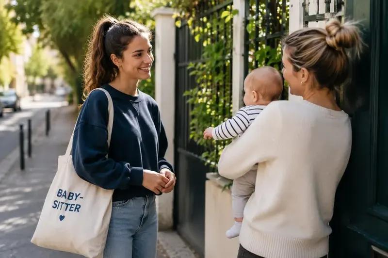 Baby-sitter souriante rencontrant une maman et son bébé devant la porte d'une maison
